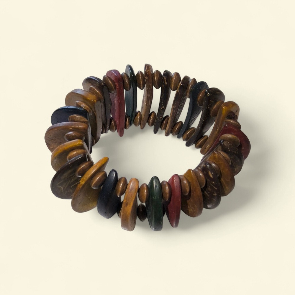 Vintage Coconut Shell Chunky Stretch Bracelet Boho Natural Wood Jewelry - Picture 5 of 5